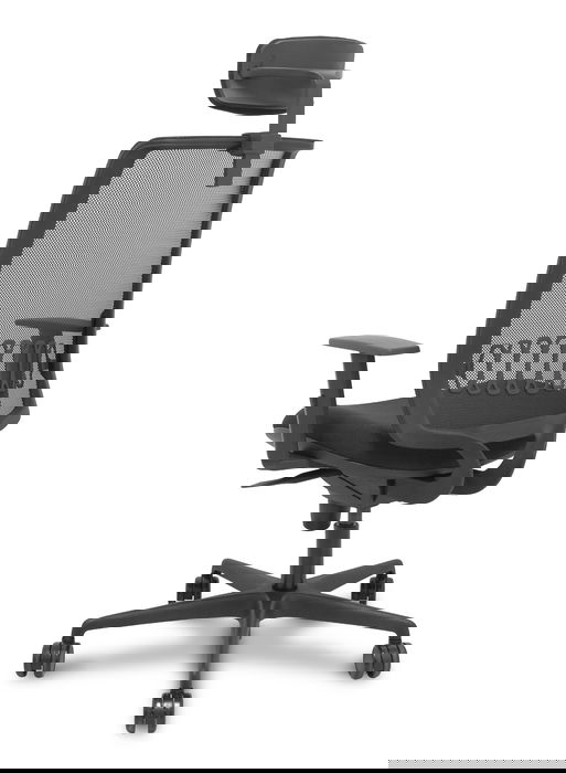 Chaise Alares Synchro 5 positions tissu Noir Base en nylon noir Accoudoir 1D Appui-tête 2D Roulettes 65mm nylon