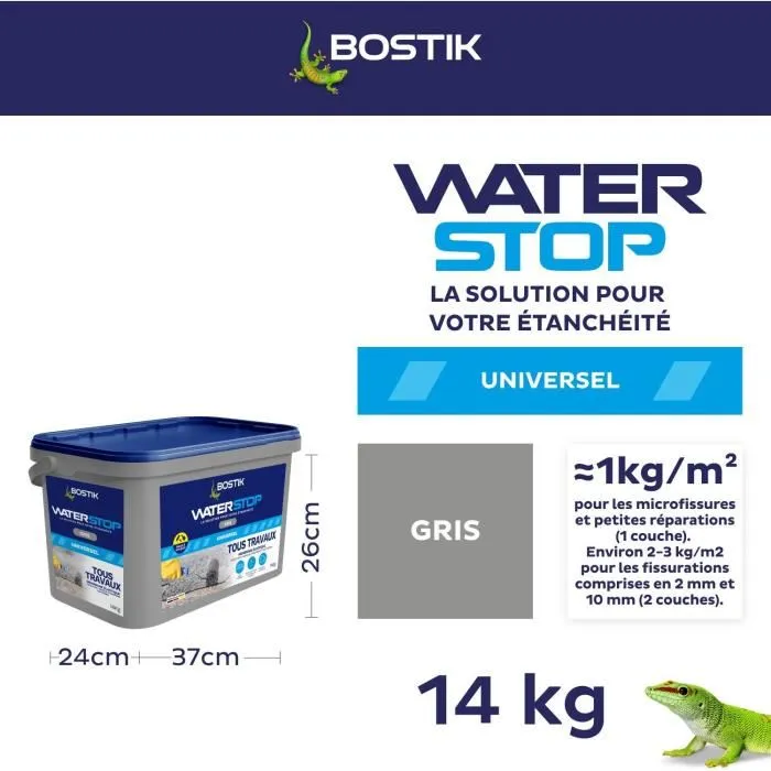 Bostik Waterstop - Membrane d'étanchéité multi-travaux haute performance, 14 kg, gris, pour réparations fuites et fissures