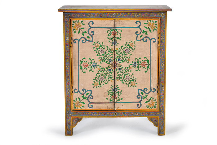 GINER Y COLOMER Comode en bois de manguier et MDF peint à la main 2 portes étagère intérieure finition patine antique 77x65x33 cm
