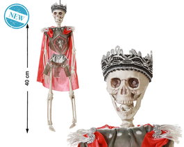 Figura - Squelette de Roi Médiéval avec Couronne Noire et Cape Rouge, Décoration Halloween Fantôme 40 cm