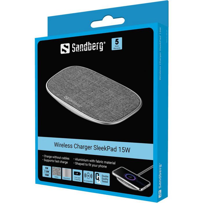 Sandberg SleekPad Chargeur sans fil 15W Fast Charge Qi Aluminium et tissu pour smartphone