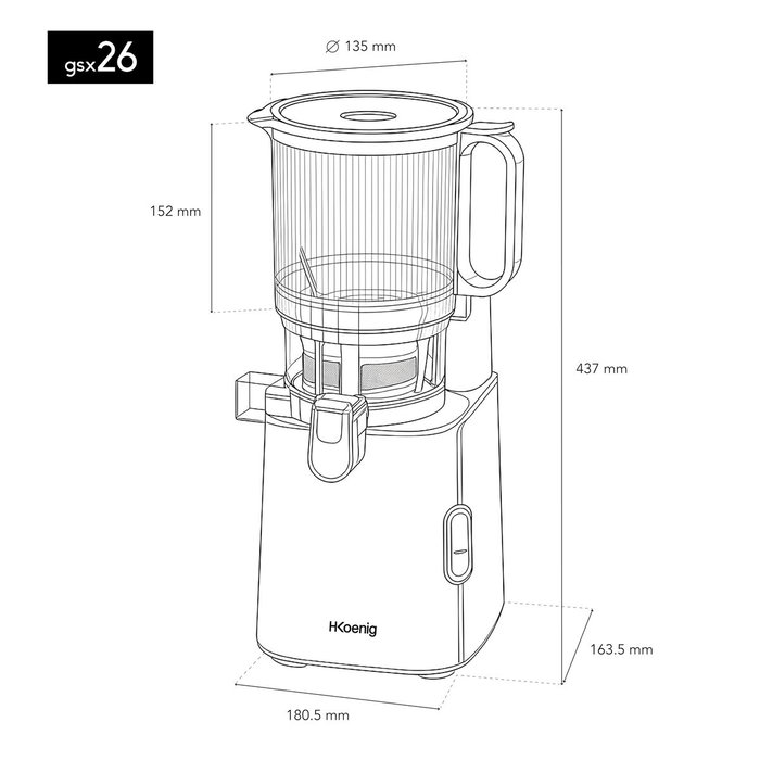 Hkoenig GSX26 Extracteur de jus ouverture large, 1,8 L, Noir