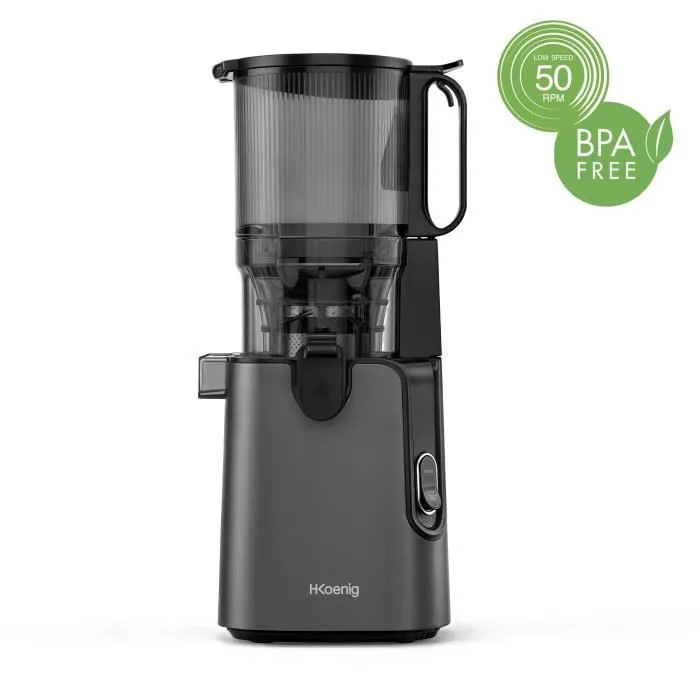 Hkoenig GSX26 Extracteur de jus vertical 250 W à ouverture large 135 mm, 1.8 L, technologie pression douce 50 tours/min, en acier inoxydable gris foncé, livré avec accessoires