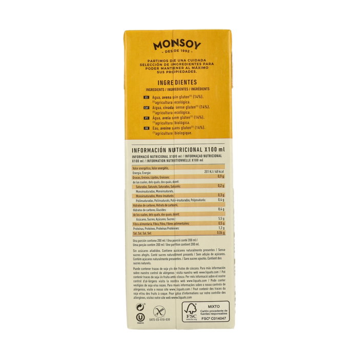 Monsoy Boisson à l'avoine biologique sans gluten 1L