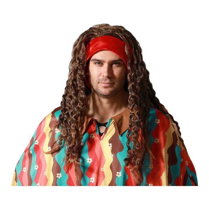 BigBuy Carnival Perruque Hippie Marron avec Bandeau Rouge