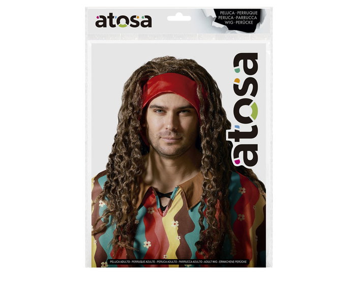Perruque Hippie Châtain Ondulée avec Cordon Rouge - 200 gr - Costume Fête Festival Rétro Perruque Hippie Châtain Ondulée avec Cordon Rouge - 200 gr - Costume Fête Festival Rétro
