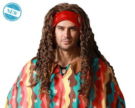 Perruque Hippie Châtain Ondulée avec Cordon Rouge - 200 gr - Costume Fête Festival Rétro