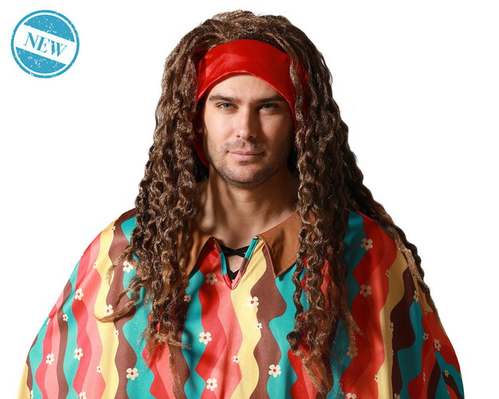 Perruque Hippie Châtain Ondulée avec Cordon Rouge - 200 gr - Costume Fête Festival Rétro Perruque Hippie Châtain Ondulée avec Cordon Rouge - 200 gr - Costume Fête Festival Rétro