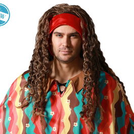 Perruque Hippie Châtain Ondulée avec Cordon Rouge - 200 gr - Costume Fête Festival Rétro