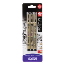 Sakura Pigma Micron Lot de 3 pièces : 05 0,45 mm, 08 0,5 mm et PN gratuit, noir