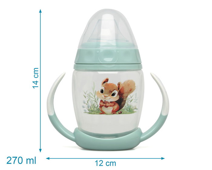 KioKids - Tasse d'apprentissage à anses pour bébé 270 mL motif écureuil, couleur sauge, silicone haute qualité, système anticolique