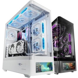 Mars Gaming MCLCDPROW Boîtier ATX Semi-Tour Blanche, Panneau LCD 7,2" IPS, Double Chambre, Verre Trempé