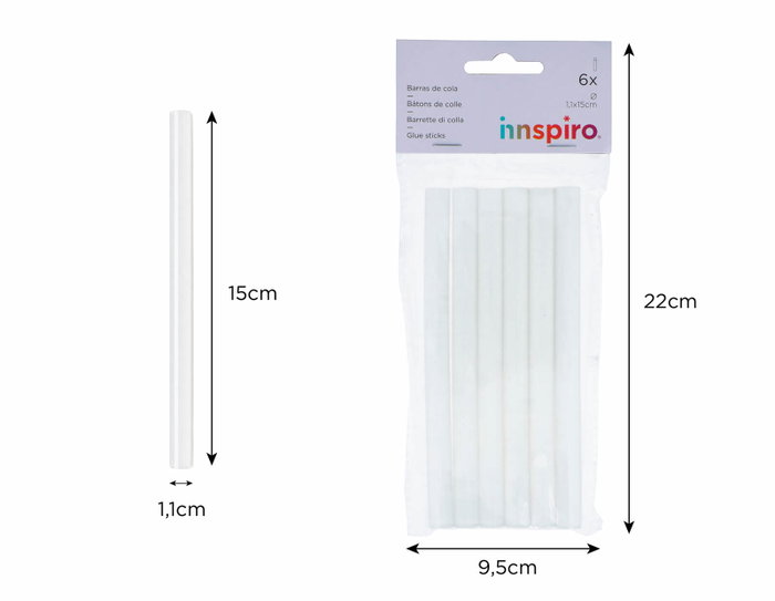 Innspiro Pack de 6 bâtonnets de colle silicone thermofusible 1,1 x 15 cm