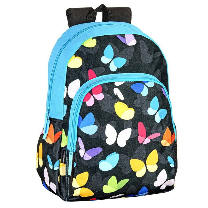 PERONA Sac à Dos Junior 43 cm à Motif Papillons, Dos et Bretelles Rembourrés, Système Adaptable pour Chariot, Compartiments Multiples, Réfléchissant