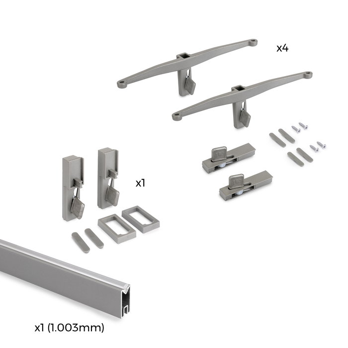Emuca Kit de fixation pour 4 étagères en bois et 1 tringle de suspension de 1m de long Zero, Aluminium et Zamak et Plastique, Peint gris pierre