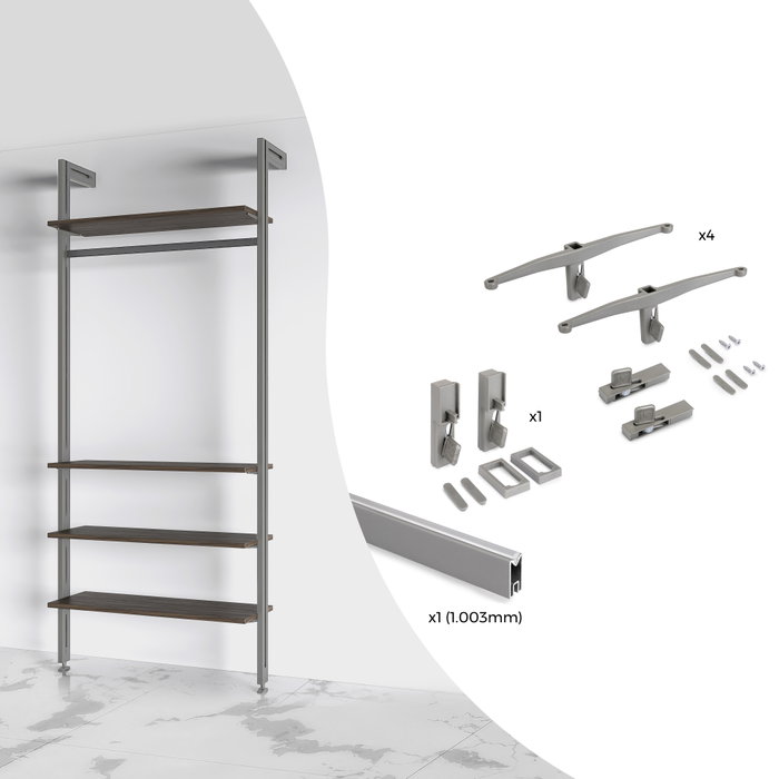 Emuca Kit de fixation pour 4 étagères en bois et 1 tringle de suspension de 1m de long Zero, Aluminium et Zamak et Plastique, Peint gris pierre Emuca Kit de fixation pour 4 étagères en bois et 1 tringle de suspension de 1m de long Zero, Aluminium et Zamak et Plastique, Peint gris pierre