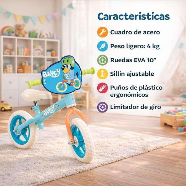 Toimsa Bluey - Bicyclette sans pédales pour enfant - 10 pouces - À partir de 2 ans - Bleu