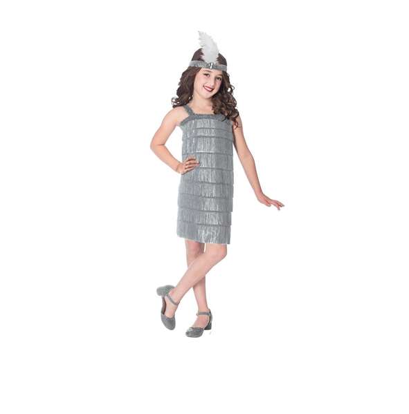 Liragram Disfraz infantil silver flapper dress - Déguisement enfant robe années folles argentée gris - Taille 10 à 12 ans