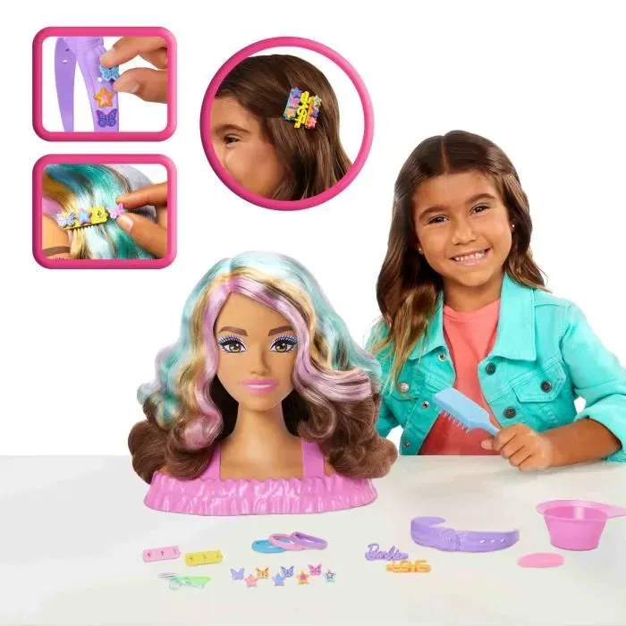Barbie - Tête à coiffer poupée brune avec 23 accessoires, jeu de création de coiffures pour enfants de 3 à 10 ans Barbie - Tête à coiffer poupée brune avec 23 accessoires, jeu de création de coiffures pour enfants de 3 à 10 ans