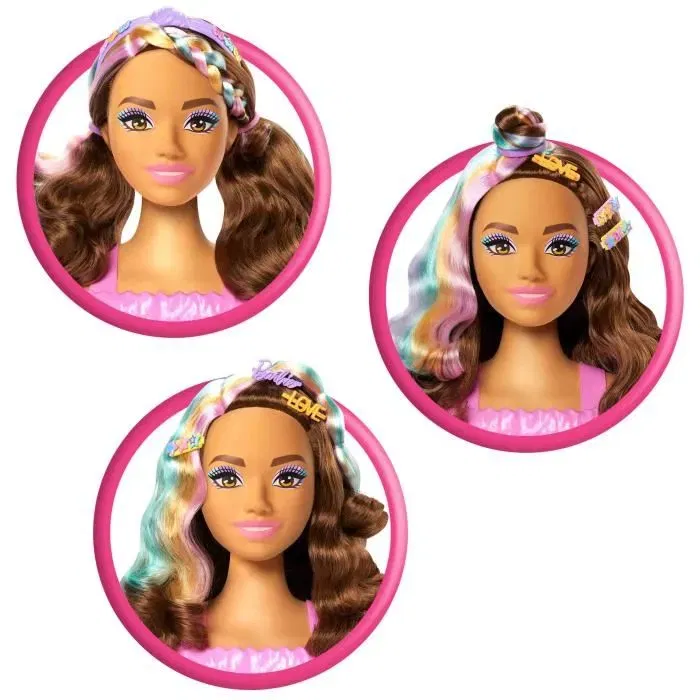 Barbie - Tête à coiffer poupée brune avec 23 accessoires, jeu de création de coiffures pour enfants de 3 à 10 ans Barbie - Tête à coiffer poupée brune avec 23 accessoires, jeu de création de coiffures pour enfants de 3 à 10 ans