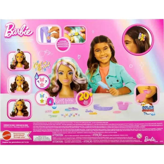 Barbie - Tête à coiffer poupée brune avec 23 accessoires, jeu de création de coiffures pour enfants de 3 à 10 ans Barbie - Tête à coiffer poupée brune avec 23 accessoires, jeu de création de coiffures pour enfants de 3 à 10 ans