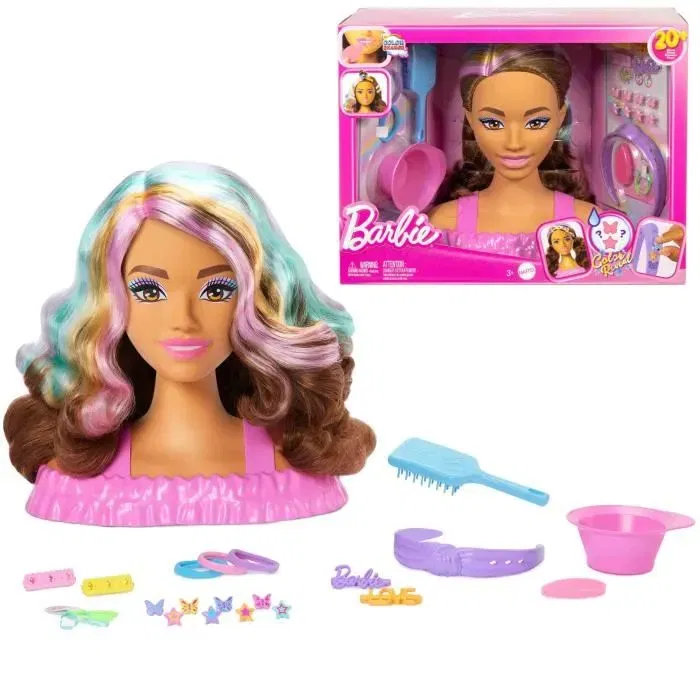 Barbie - Tête à coiffer poupée brune avec 23 accessoires, jeu de création de coiffures pour enfants de 3 à 10 ans Barbie - Tête à coiffer poupée brune avec 23 accessoires, jeu de création de coiffures pour enfants de 3 à 10 ans