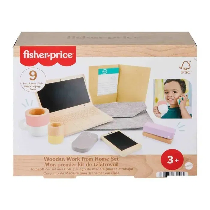 Fisher-Price HXV11 Set de Télétravail en Bois - 9 Pièces dont Ordinateur Portable, Téléphone, Souris et Accessoires - Jeu de Rôle Enfant 3 ans et plus