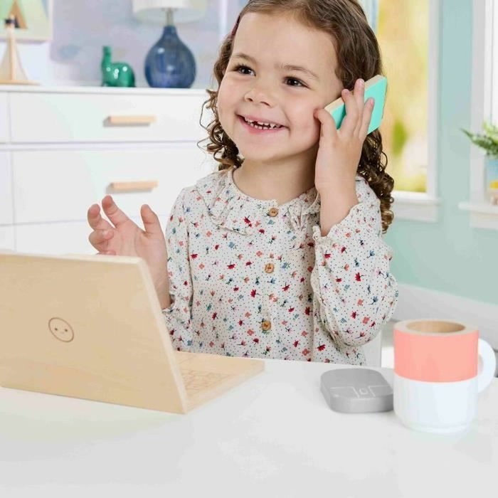 Fisher-Price Set de télétravail en bois, 9-11 éléments avec ordinateur et téléphone