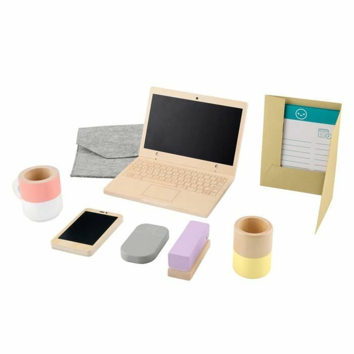 Fisher-Price Set de télétravail en bois, 9-11 éléments avec ordinateur et téléphone