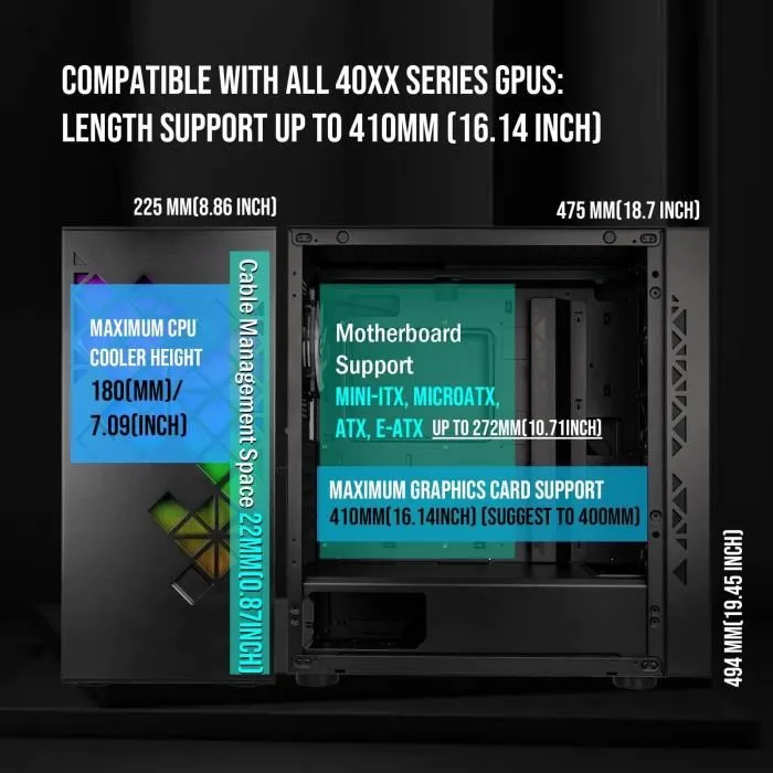 BitFenix Tracery ARGB - Boîtier PC Moyen Tour Format E-ATX, Noir, 3x140mm + 1x120mm Ventilateurs ARGB, Façade Mesh, Verre Trempé, USB-C