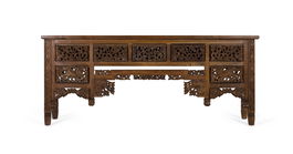 GINER Y COLOMER Console en bois de teca massif style balinais avec 5 tiroirs et pieds sculptés main - 220x40x91 cm