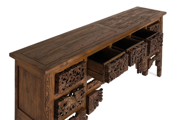 GINER Y COLOMER Console en bois de teca massif style balinais avec 5 tiroirs et pieds sculptés main - 220x40x91 cm