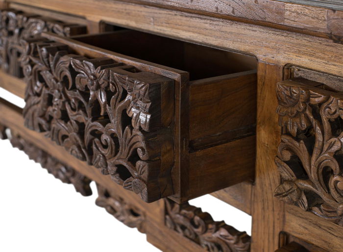 GINER Y COLOMER Console en bois de teca massif style balinais avec 5 tiroirs et pieds sculptés main - 220x40x91 cm