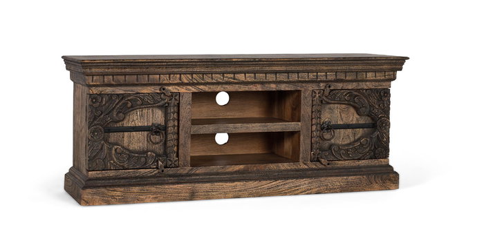 GINER Y COLOMER - Buffet TV en bois de manguier massif avec 2 portes et 2 étagères, finition vieillie marron - Dimensions: porte 32x39 cm, étagère 14 cm