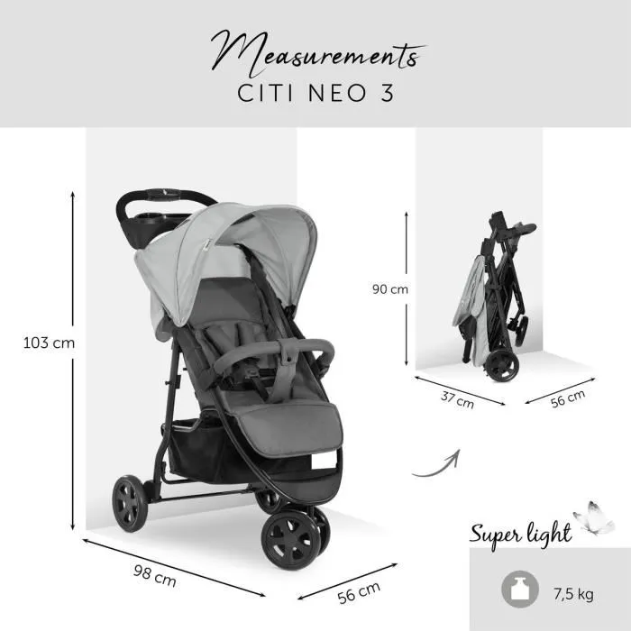 Hauck CITI NEO II - Poussette Compacte 3 Roues avec Dossier Inclinable, Panier XL et Roues Increvables - Gris - Adaptée de la Naissance à 22 kg