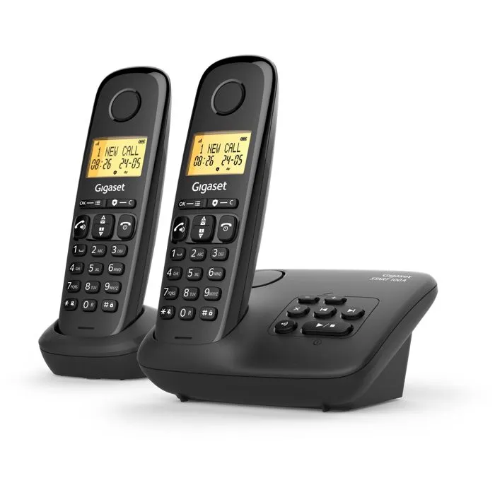 Gigaset Basic 100A DUO - Téléphone fixe avec répondeur intégré, écran rétroéclairé 1.5 pouces, répertoire de 50 contacts, blocage d'appels et mains libres - Noir