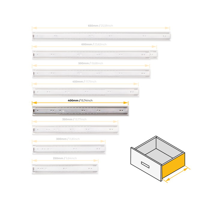 Emuca Lot de 5 jeux de Coulisses pour tiroirs, roulement à billes, hauteur 45mm, profondeur 400mm, sortie totale, Zingué