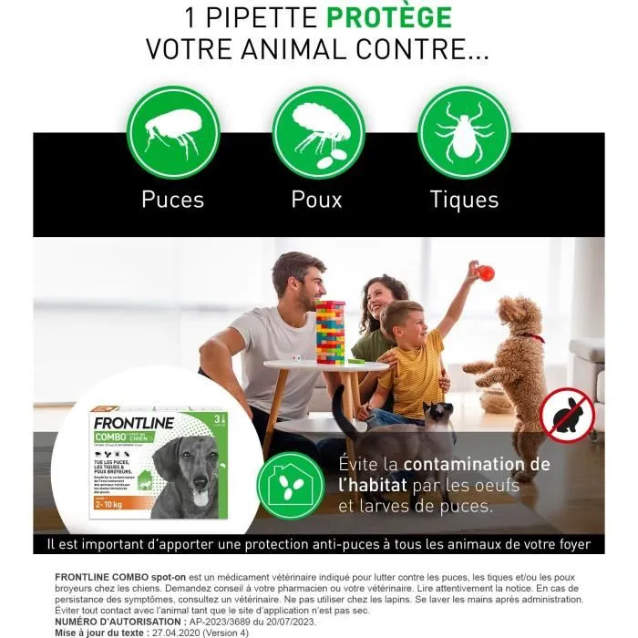 Frontline Combo Anti-puces et Anti-tiques pour Chien de 2 à 10 kg - Lot de 3 Pipettes à base de Fipronil et S-méthoprène