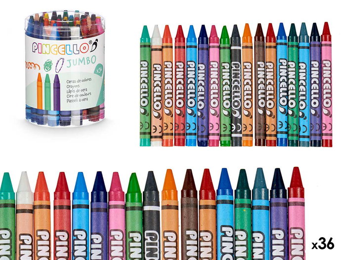 Pincello Boîte de Crayons Cire Jumbo 36 Pièces avec Pinceau 8x10x8 cm Cire Synthétique Assortiment 36 Couleurs (Set de 48) Pincello Boîte de Crayons Cire Jumbo 36 Pièces avec Pinceau 8x10x8 cm Cire Synthétique Assortiment 36 Couleurs (Set de 48)