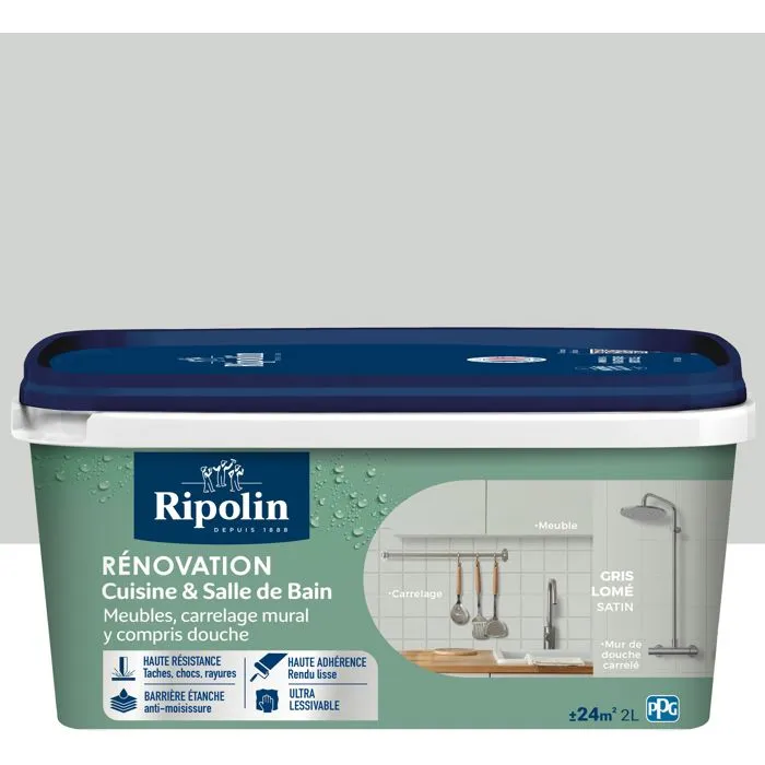 Ripolin Peinture rénovation cuisine et salle de bain, Gris lome, Finition satiné, 2 litres - Résistante aux taches et aux chocs, Ultra lessivable