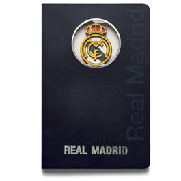 MOCILAB - Cahier A5 Real Madrid avec blason en 3D - Reliure textile - 120 pages non lignées - Couleur bleu - Article officiel