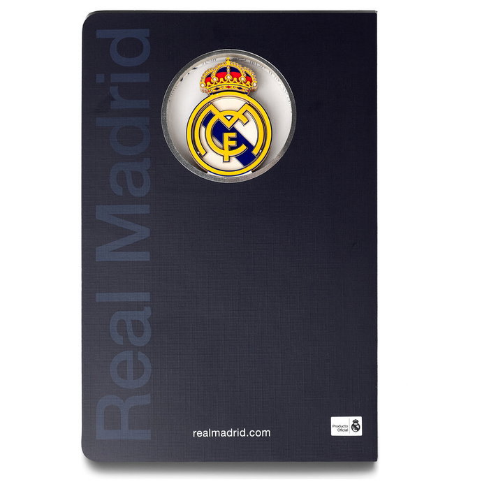 MOCILAB - Cahier A5 Real Madrid avec blason en 3D - Reliure textile - 120 pages non lignées - Couleur bleu - Article officiel