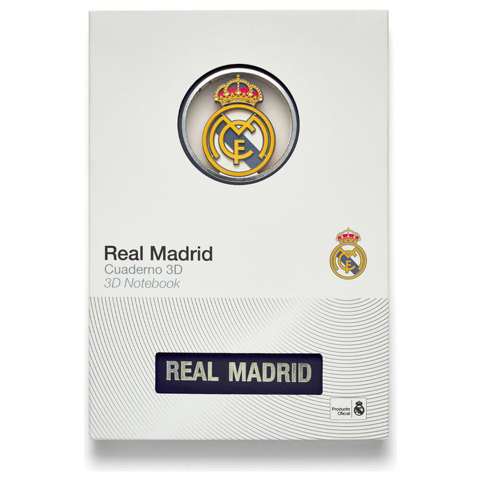 MOCILAB - Cahier A5 Real Madrid avec blason en 3D - Reliure textile - 120 pages non lignées - Couleur bleu - Article officiel
