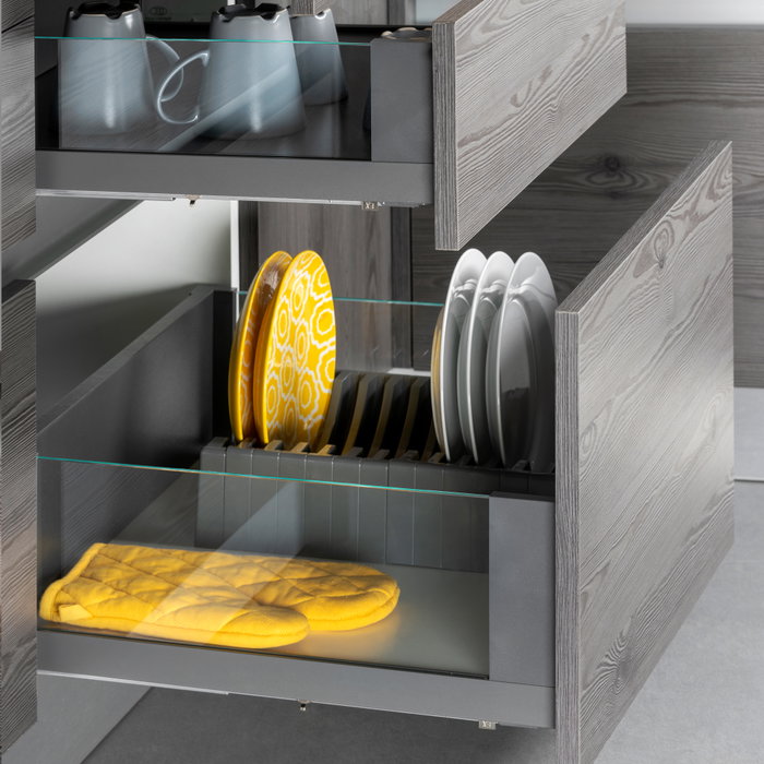 Emuca Tiroir Extérieur Vertex 40kg côtés en verre 178mm de haut, 450mm de profondeur, Acier & Aluminium et Verre, Gris Anthracite