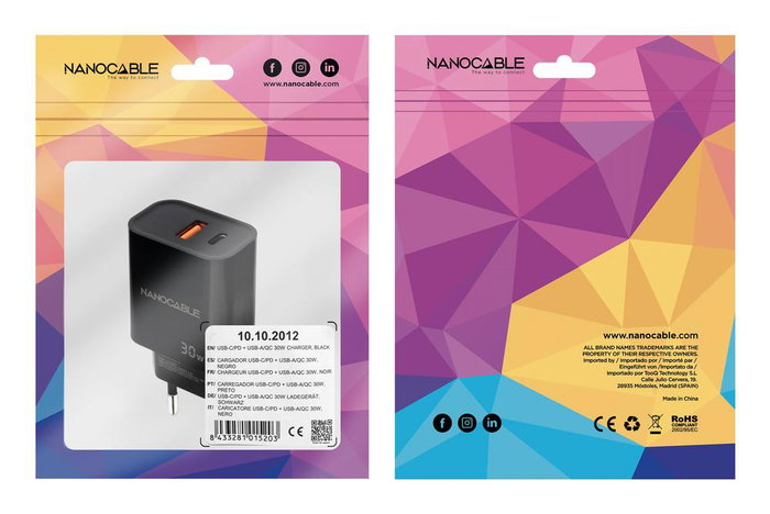 Nanocable Chargeur USB-C PD + USB-A QC 30W Noir - C Pd+Usb - A Qc 30 W Nanocable Chargeur USB-C PD + USB-A QC 30W Noir - C Pd+Usb - A Qc 30 W