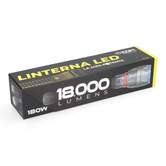 Edm Lampe torche LED 18000 lumens longue portée IP67 180W avec batterie lithium 3x5000mAh USB-C