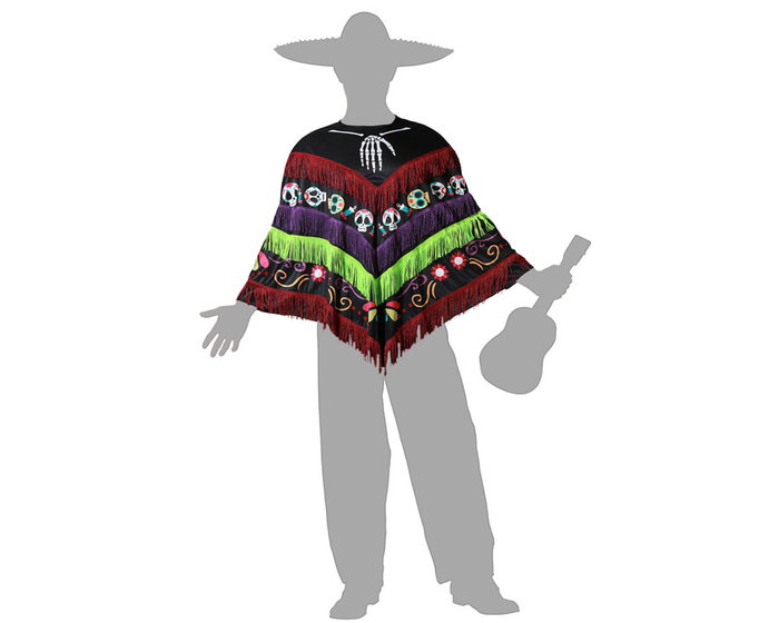Mariachi - Déguisement Adulte Hombre Poncho Multicolor à Têtes de Mort, pour Fiesta, Dia de los Muertos et Spectacles Folcloriques - Noir, Polyester