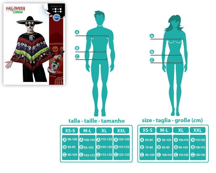 Mariachi - Déguisement Adulte Hombre Poncho Multicolor à Têtes de Mort, pour Fiesta, Dia de los Muertos et Spectacles Folcloriques - Noir, Polyester