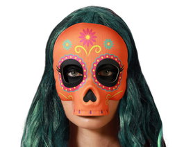Masque Calavera Orange avec Fleurs et Détails Rose et Bleu pour le Jour des Morts