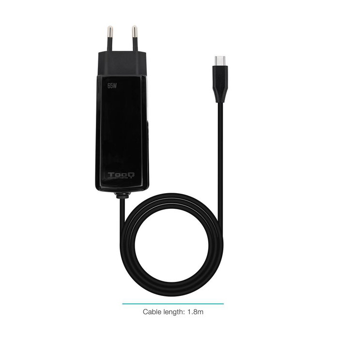 Tooq Tqlc Chargeur Mural USB-C GaN 65 W Power Delivery Noir, Longueur de Câble 1,8 m Tooq Tqlc Chargeur Mural USB-C GaN 65 W Power Delivery Noir, Longueur de Câble 1,8 m
